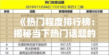 《热门程度排行榜：揭秘当下热门话题的排名之谜》